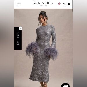 A midi silver sequin dress with feather trim sleeves